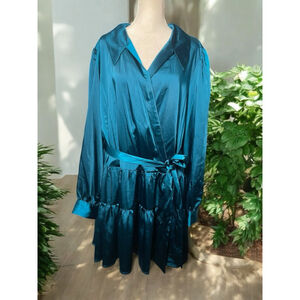 Women's XL ON 34TH Teal Tiered Ruffle Satin long sleeve Vneck minidress shiny